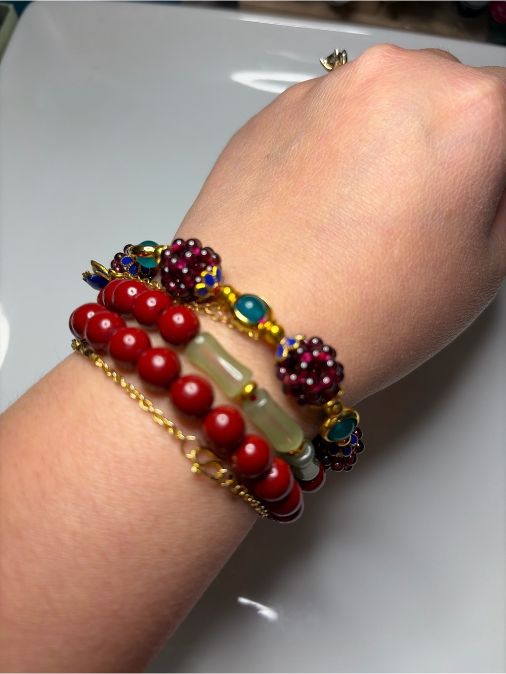 2 Cinnabar bracelet and 1 Multi colored gape Beaded - garterized - Picture 1 of 4